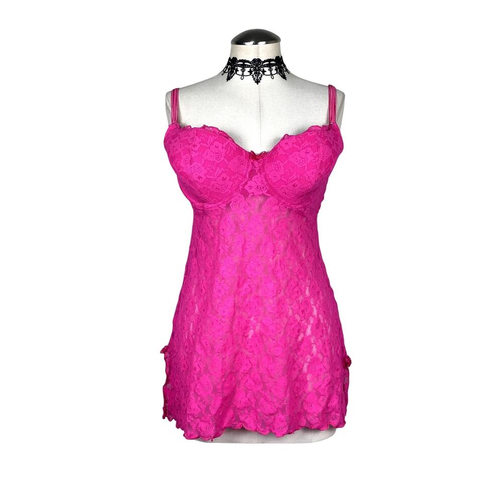 Smart & Sexy Sleepwear Bright Hot Pink Lace Slit Bow Coquette Slip Bustier 36D